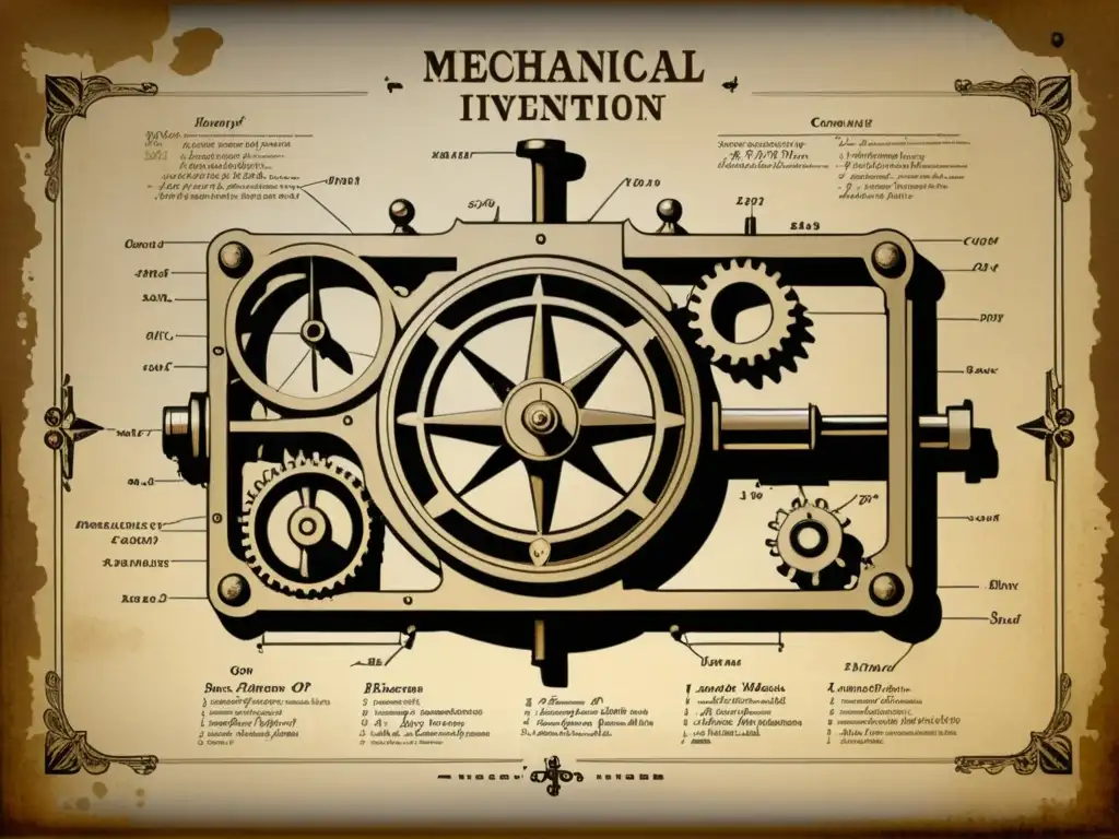 Dibujo de patente vintage de una intrincada invención mecánica rodeada de herramientas de dibujo, evocando innovación histórica y artesanía meticulosa