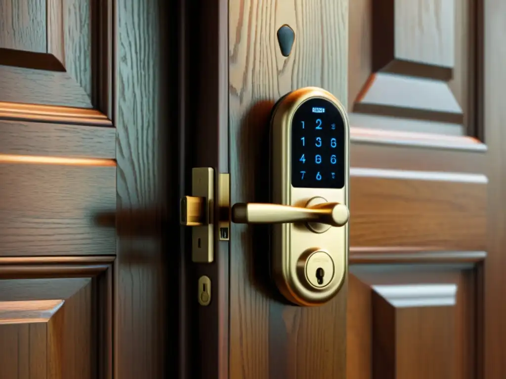 Un dibujo vintage de una llave tradicional y una cerradura inteligente moderna integradas en una puerta de madera rústica, resaltando la importancia del IoT en seguridad con un toque nostálgico y sofisticado