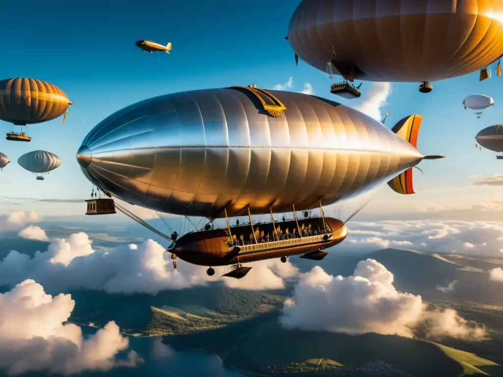 Un dirigible majestuoso flota en el cielo, con detalles intrincados de su góndola y paisaje