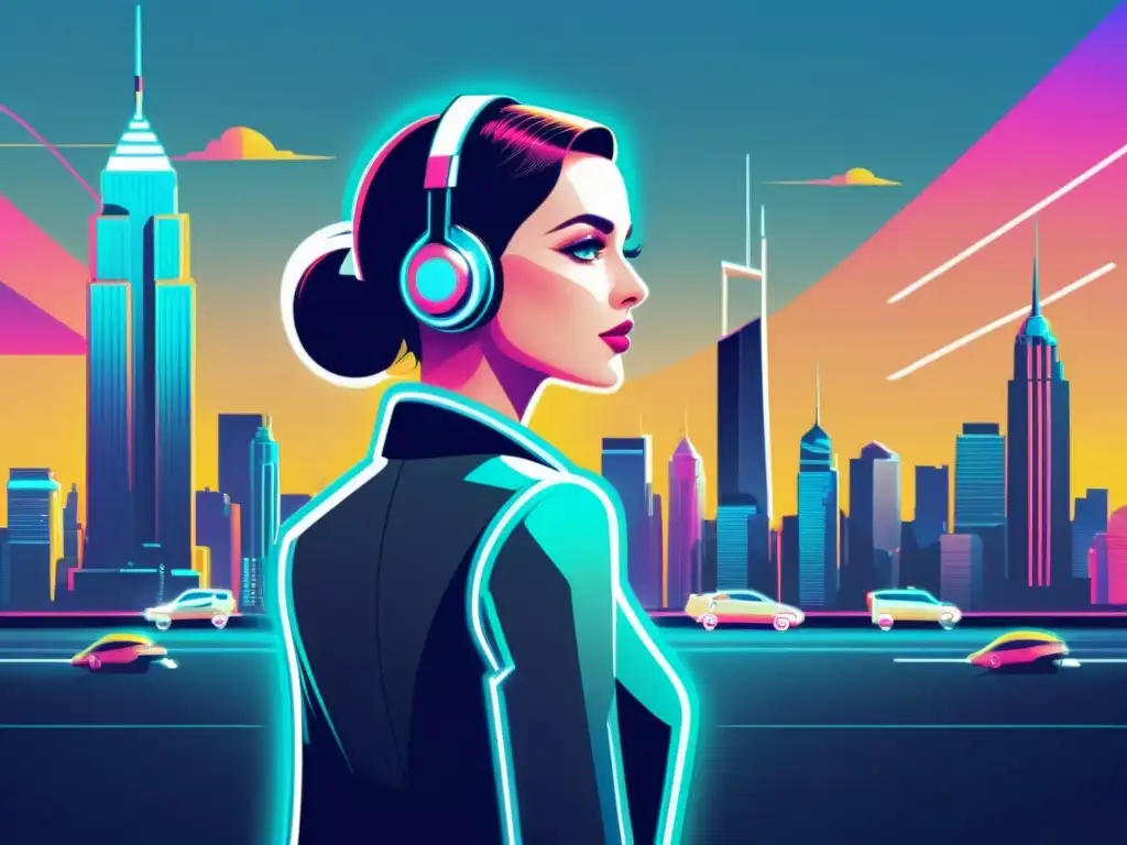 Diseño de asistentes virtuales modernos: Ilustración vintage de un asistente virtual elegante en una ciudad futurista