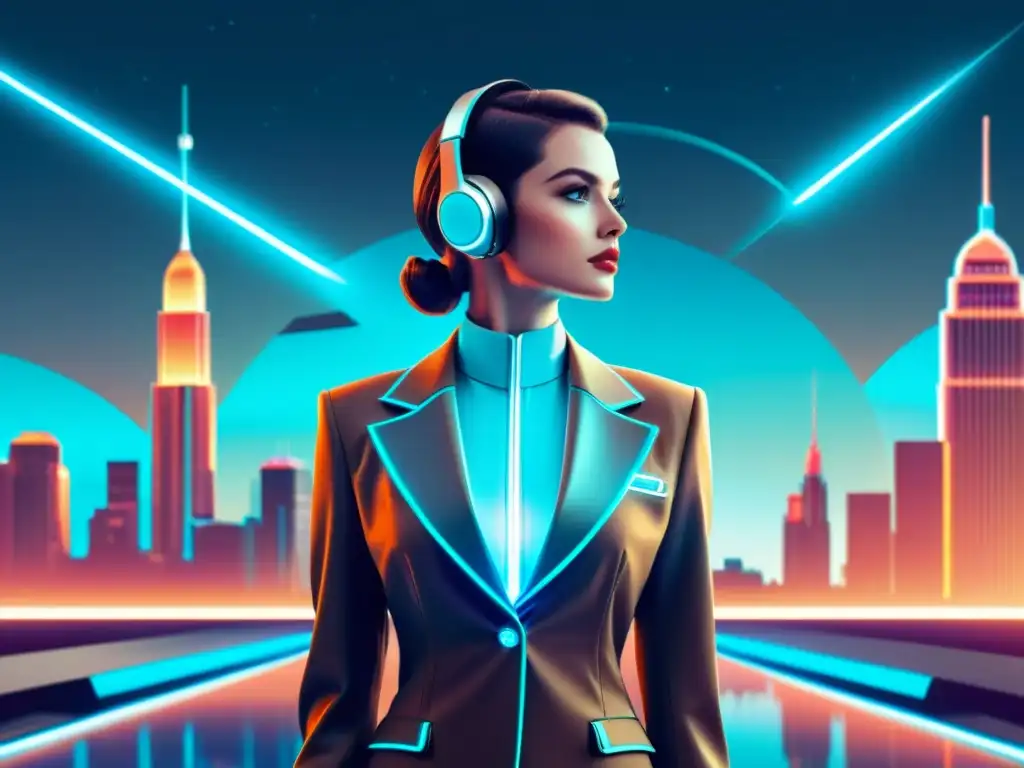 Diseño de asistentes virtuales modernos: Ilustración vintage de un asistente virtual futurista en una ciudad retrofuturista