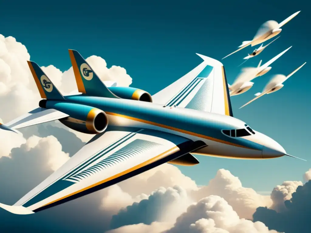 Diseño de aviones más veloces: Ilustración detallada de un avión vintage surcando las nubes, exudando velocidad e innovación