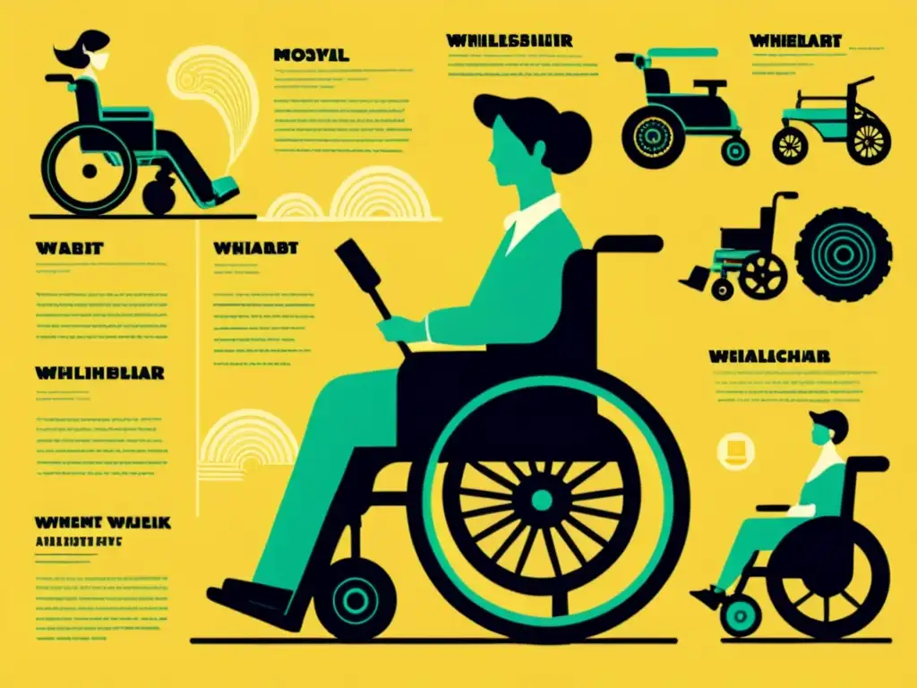 Una ilustración vintage de la evolución del diseño de sillas de ruedas, mostrando modelos desde rudimentarios hasta soluciones modernas