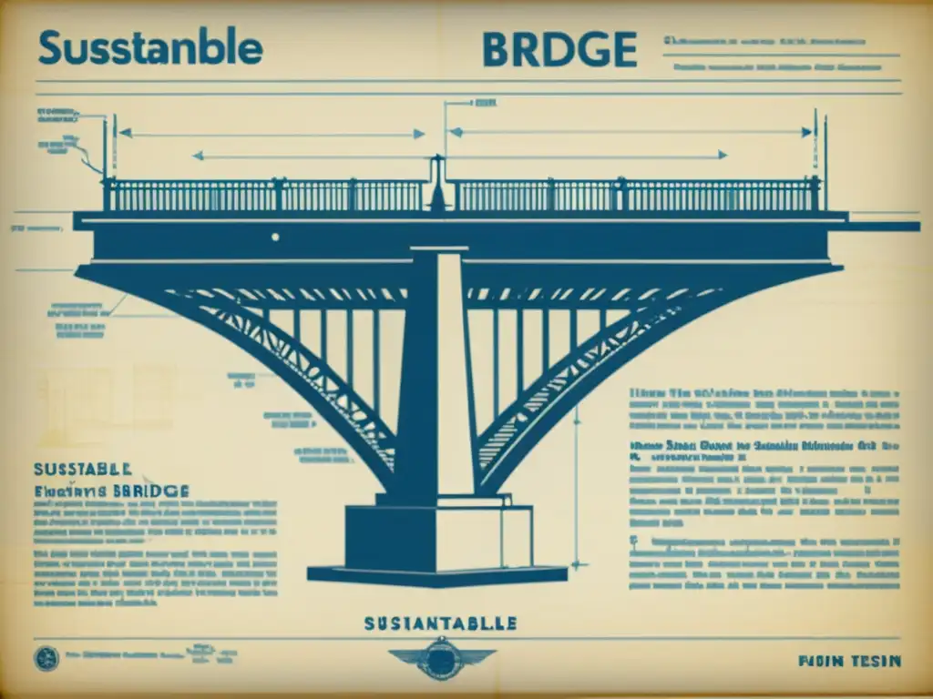 Diseño sostenible de grandes estructuras: detallado dibujo vintage de un puente, fusionando elegancia clásica con prácticas modernas