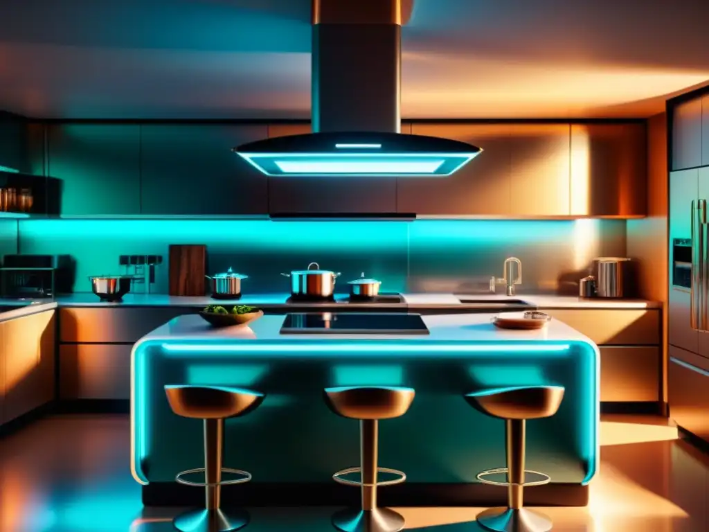 Un diseño vintage de cocina futurista con asistentes virtuales para cocina del futuro, luces cálidas y electrodomésticos metálicos