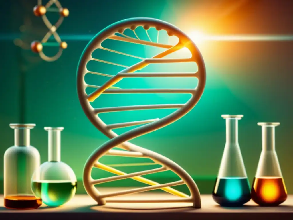 Una ilustración vintage de una doble hélice de ADN detallada con colores vibrantes y patrones intrincados en un laboratorio científico antiguo