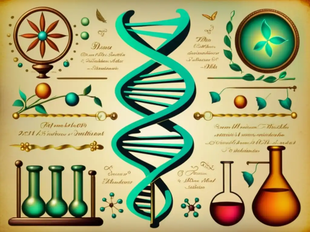 Una ilustración vintage de una doble hélice de ADN, detallada y colorida en un laboratorio científico antiguo