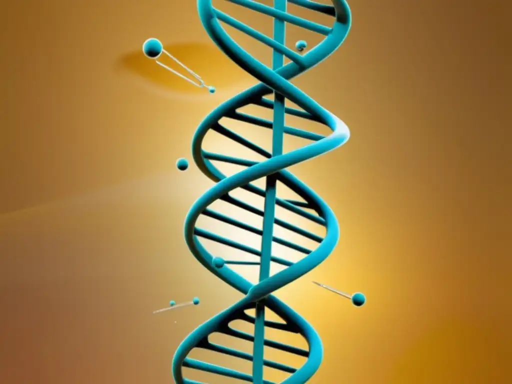 Una ilustración vintage de una doble hélice de ADN, detallada con cada nucleótido visible, en un laboratorio sepia con equipamiento antiguo