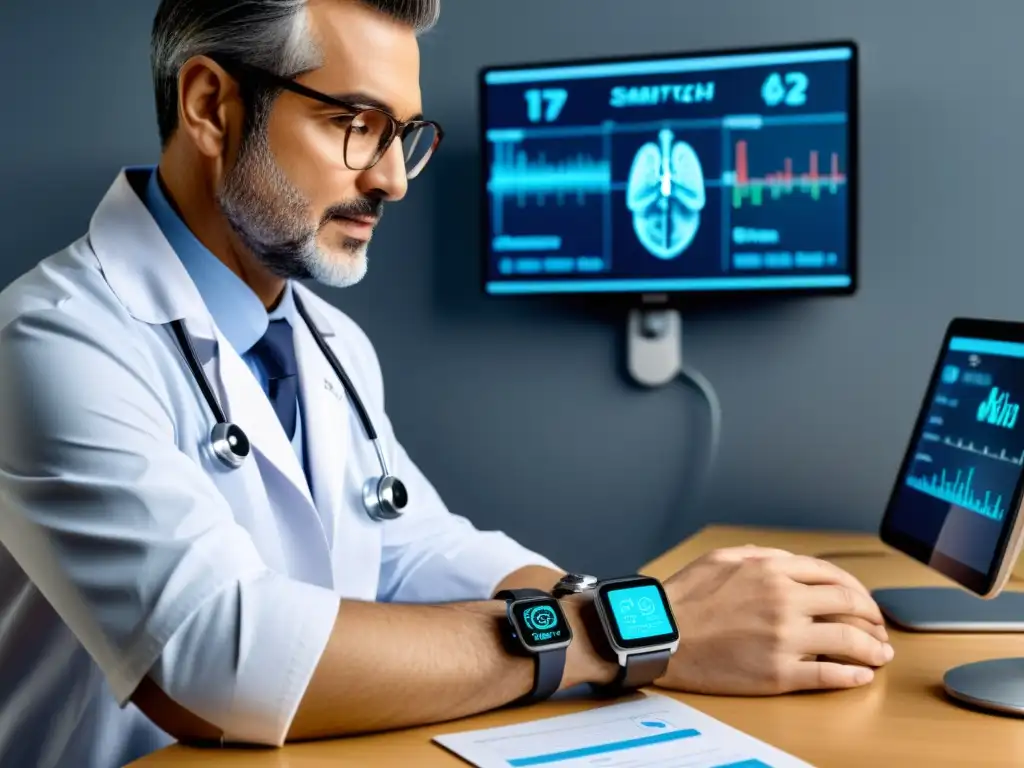 Un doctor atento monitorea a distancia con un smartwatch, destacando los beneficios de la asistencia médica remota