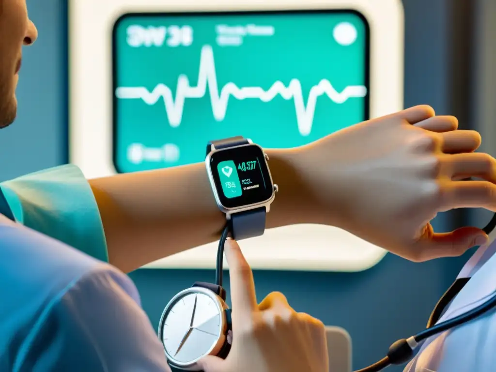 Un doctor usa un estetoscopio para escuchar el latido del paciente con un smartwatch, en una habitación hospitalaria avanzada