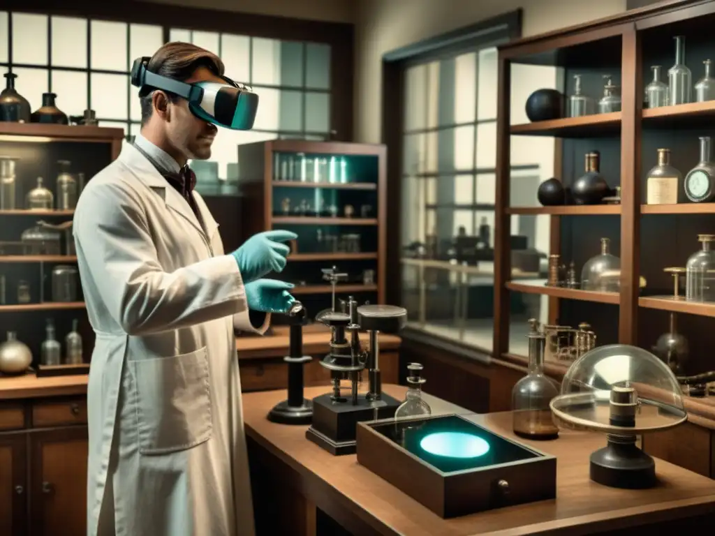 Doctor en laboratorio antiguo usando realidad virtual para explorar cuerpo humano