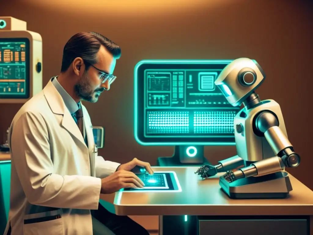 Un doctor y un robot trabajan juntos en un entorno médico futurista, integrando avances de la inteligencia artificial en medicina