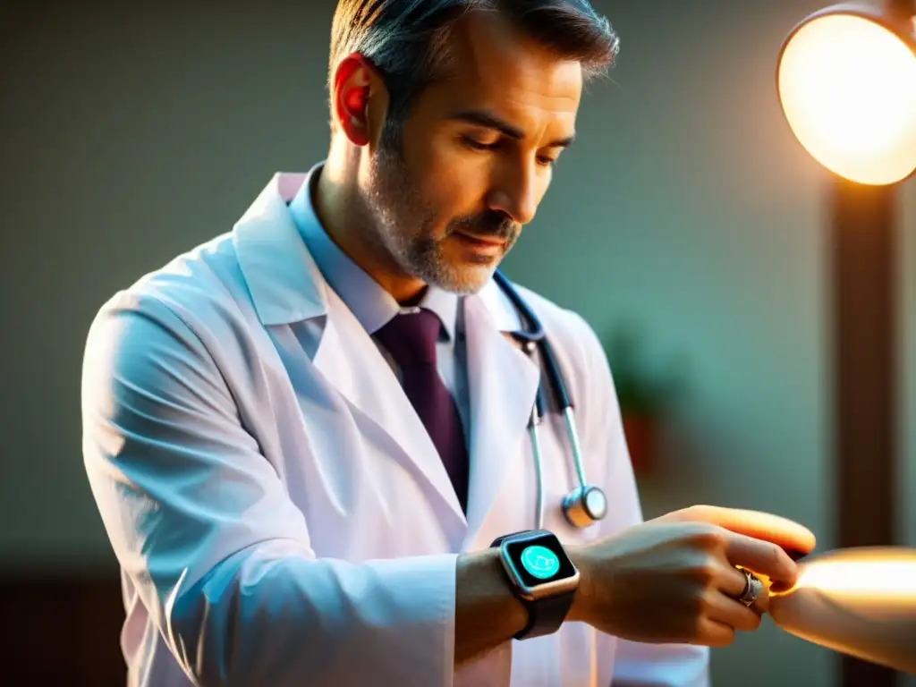 Un doctor examina con seriedad el smartwatch de un paciente, exudando confianza y la importancia de la tecnología en la asistencia médica remota