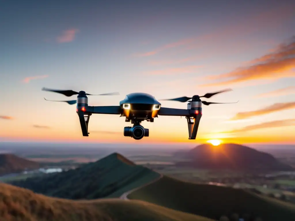 Un dron negro y elegante flota en el aire contra un vibrante atardecer, con sus hélices girando y creando un efecto borroso