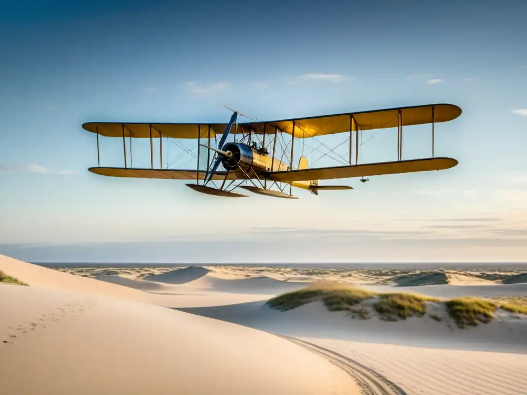 El Wright Flyer despega de las dunas de Kitty Hawk en 1903, mostrando el hito de la historia del transporte aéreo