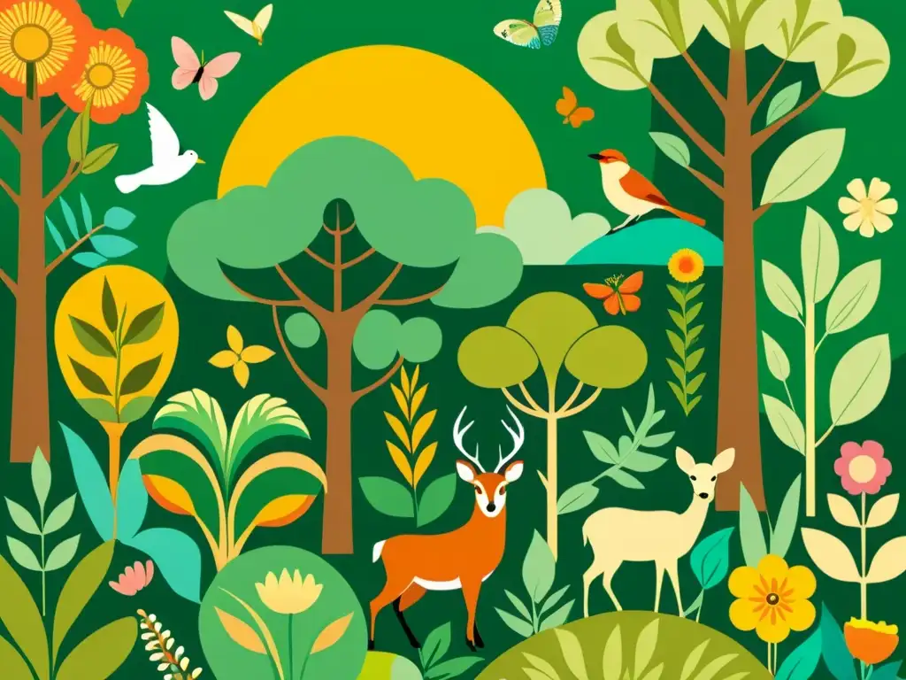 Un ecosistema de aprendizaje para creatividad: ilustración vintage de una exuberante y vibrante naturaleza, con flora y fauna diversa en armonía