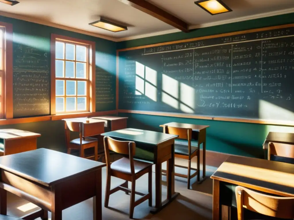 Innovación educativa con startups tecnológicas en una aula vintage con mobiliario de madera, pizarrón lleno de ecuaciones y luz solar cálida