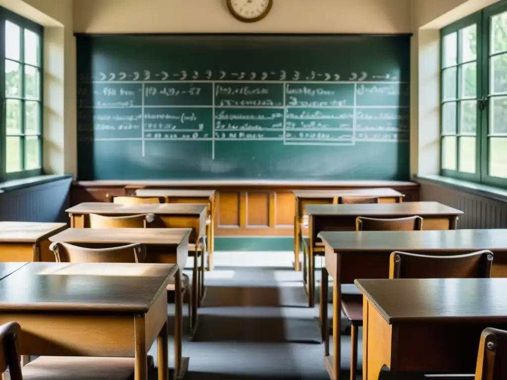 Innovación educativa con startups tecnológicas: Aula vintage con antiguos pupitres de madera, pizarrón lleno de ecuaciones, y luz natural