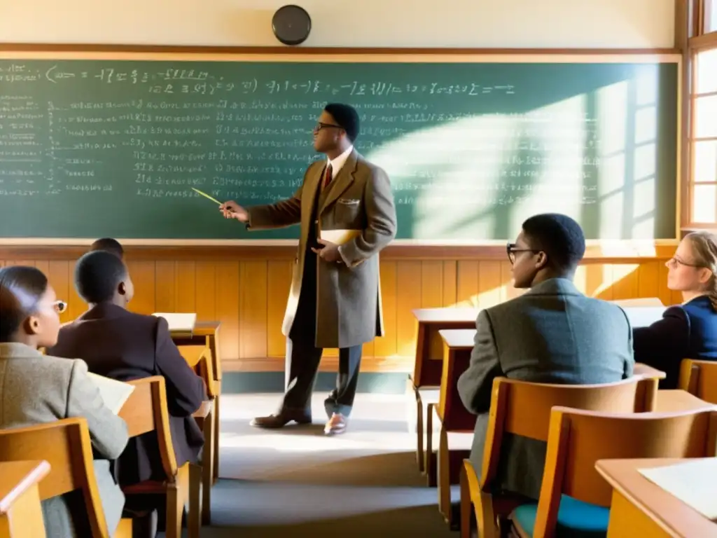 Innovación educativa con startups tecnológicas: Aula vintage con maestro y estudiantes, pizarrón lleno de ecuaciones, libros antiguos y luz solar