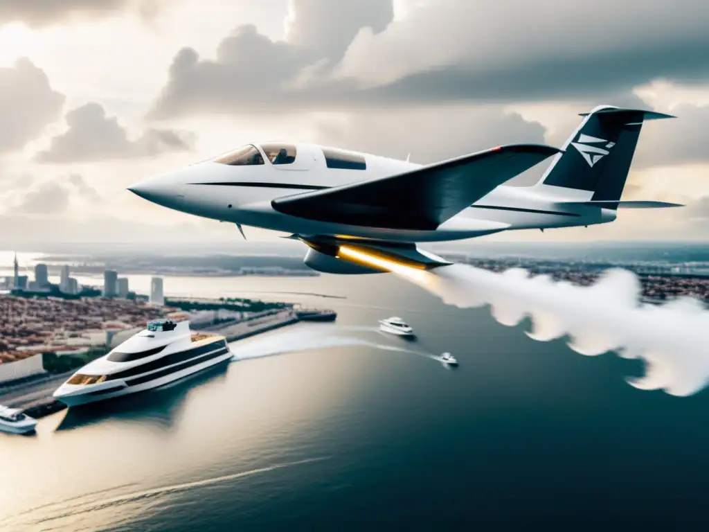 Avión eléctrico vintage surcando nubes sobre un puerto marítimo lleno de actividad