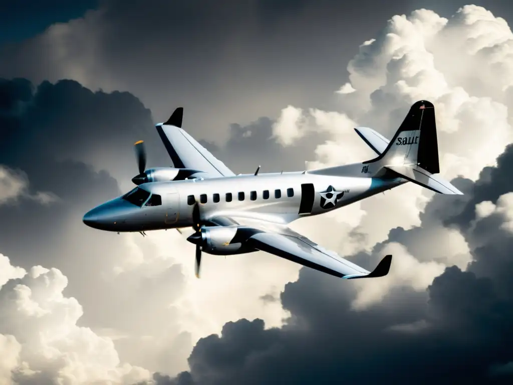 Un elegante avión de turbina de gas surca los cielos entre nubes, evocando aventura y tecnología en la aviación