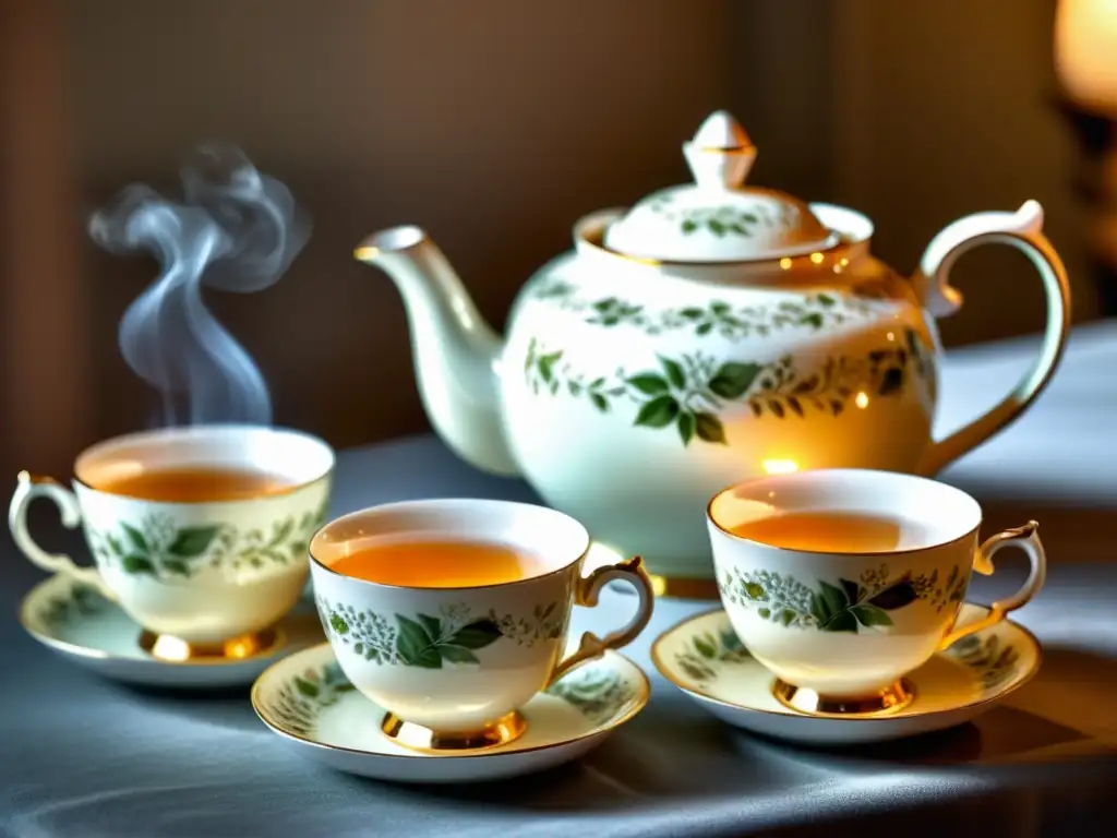 Exquisita elegancia: set de té vintage con delicados detalles florales Una elegante escena de té vintage con innovaciones en la infusión del té, exudando sofisticación atemporal y arte en la preparación del té