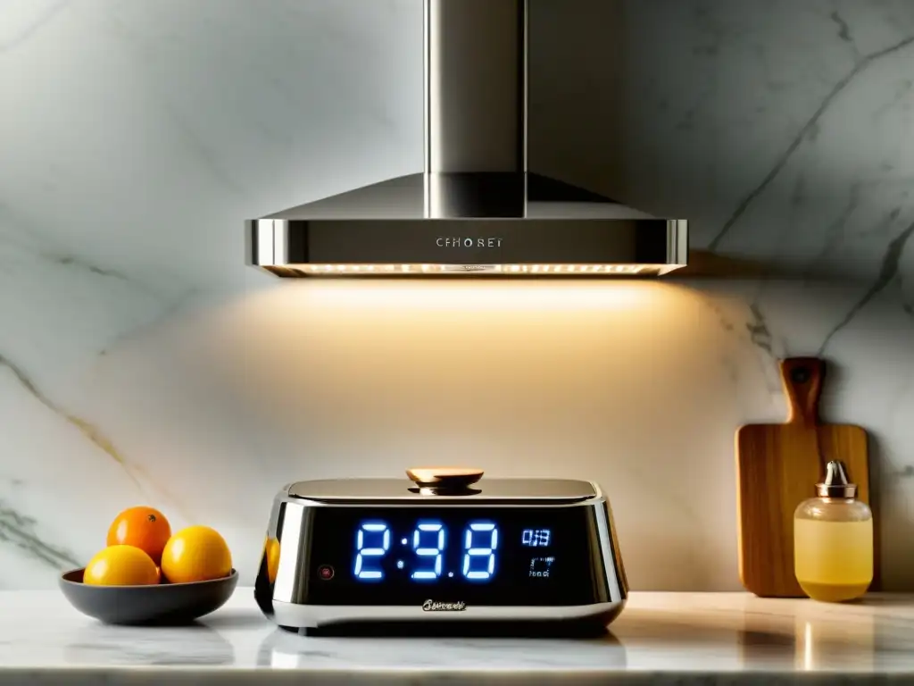 Un elegante gadget de cocina vintage con innovaciones para cocinar de manera inteligente, sobre una encimera de mármol iluminada por cálidas luces colgantes