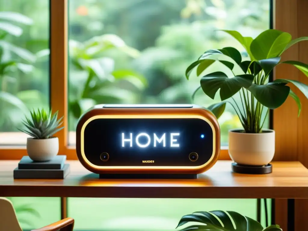 Un elegante hub central de domótica retro en una mesa de madera rodeado de plantas