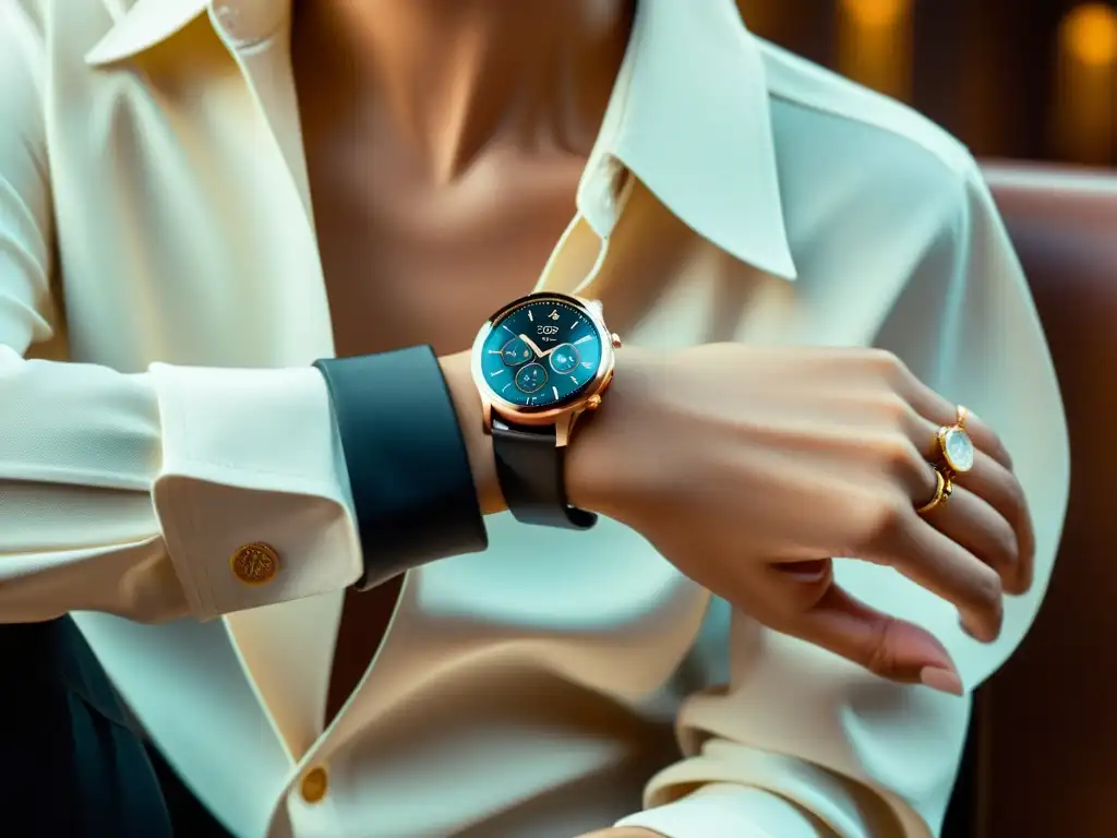 Un elegante individuo luce un smartwatch como accesorio de moda en un entorno vintage, fusionando tecnología y estilo