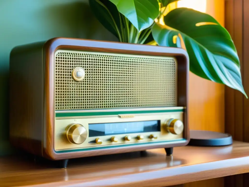 Un elegante radio vintage de madera junto a una planta, evocando nostalgia y calidez