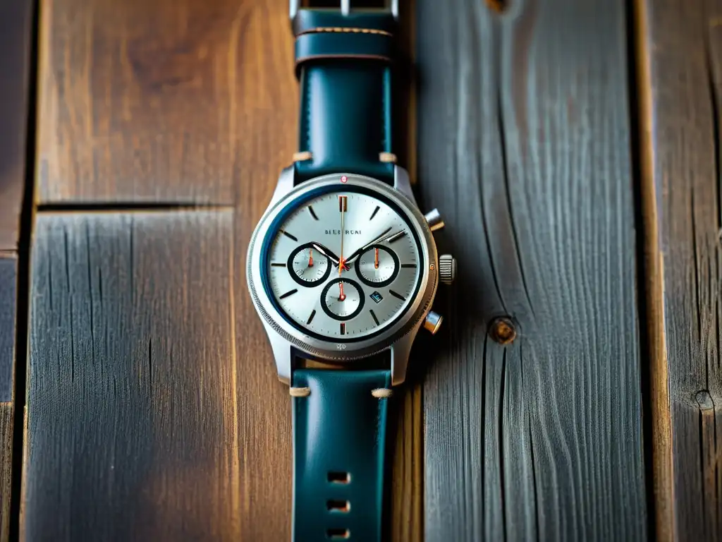 Un elegante smartwatch plateado de estilo vintage descansa sobre madera desgastada, evocando elegancia atemporal