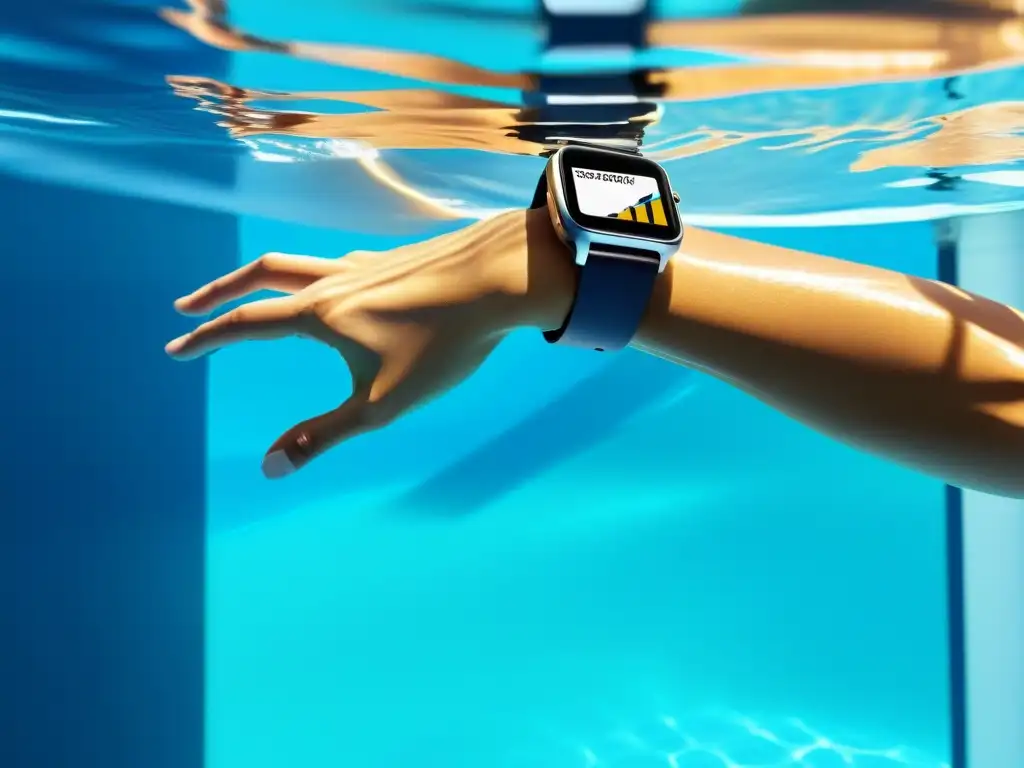 Un elegante smartwatch a prueba de agua para natación reposa junto a una piscina cristalina, mientras un nadador ejecuta una perfecta brazada de mariposa