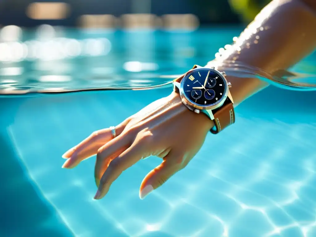 Un elegante smartwatch a prueba de agua descansa en el borde de una piscina cristalina, mientras un nadador se desliza suavemente en el agua de fondo