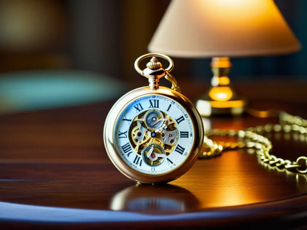 Una elegante y sofisticada imagen vintage de un reloj de bolsillo descansando sobre una superficie de madera pulida