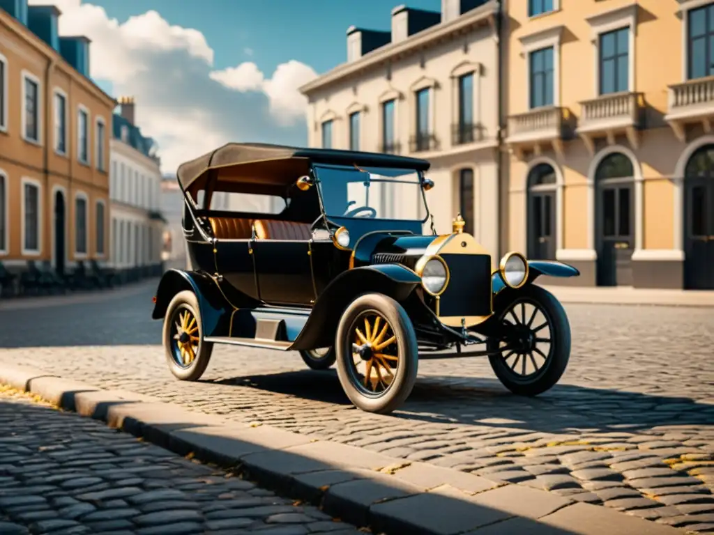 Un elegante vehículo eléctrico vintage del siglo XIX estacionado en una calle empedrada, evocando la historia y evolución de los vehículos eléctricos