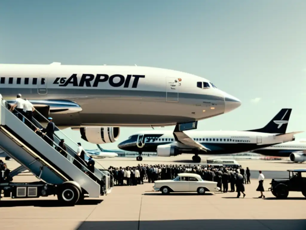 Emocionante escena en el aeropuerto con aviones de reacción, carga y pasajeros abordando, evocando el impacto de la industria del transporte