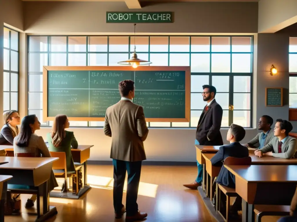 Emocionante escena en aula vintage con robot maestro, impacto inteligencia artificial educación