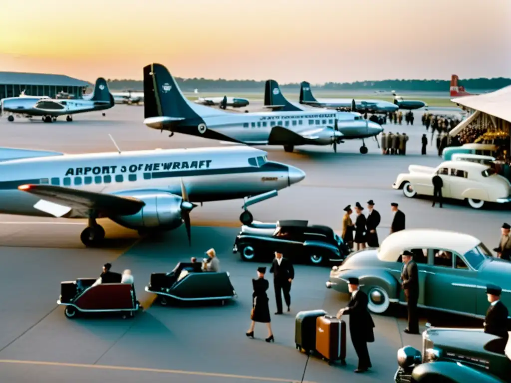 Emocionante escena de un bullicioso aeropuerto de los años 50, con aviones y pasajeros elegantes