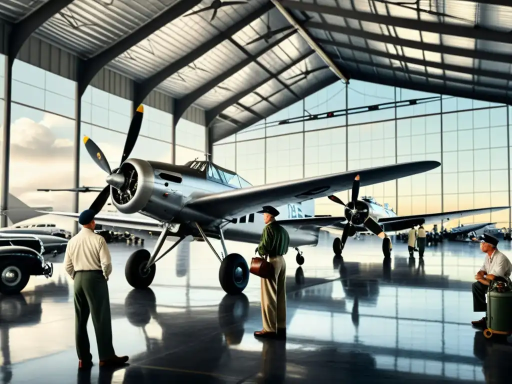 Una emocionante escena vintage en un hangar de aeropuerto, con aviones clásicos, mecánicos y pilotos inspeccionando