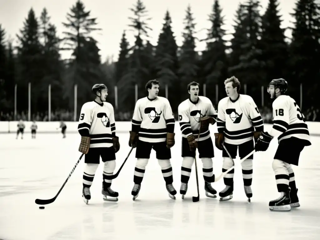 Un emocionante juego de hockey sobre hielo con equipo tradicional, rodeado de árboles nevados