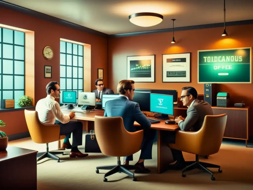 Emprendedores innovadores en oficina vintage Ilustración vintage de emprendedores ideando estrategias en una oficina de startup, capturando la esencia de la innovación en tecnológicas