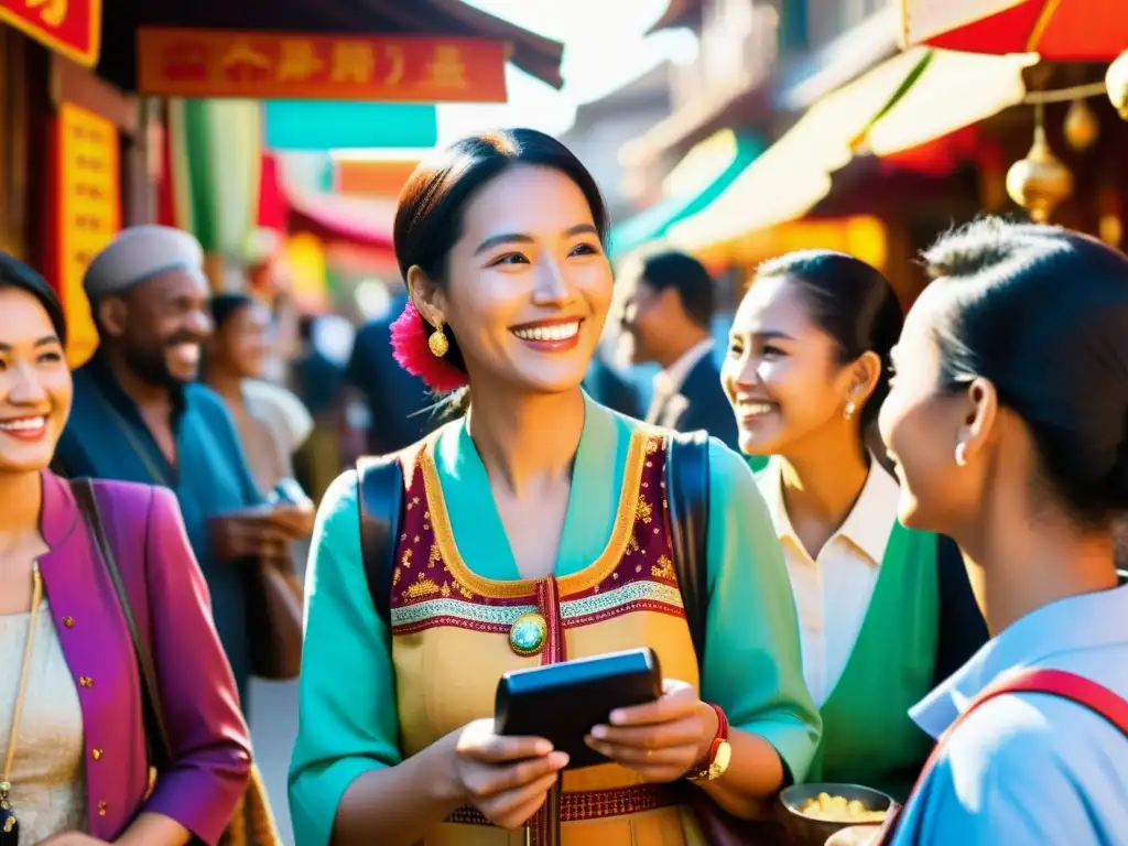 Un encuentro multicultural animado en un mercado internacional, con personas usando traductores portátiles para romper barreras lingüísticas