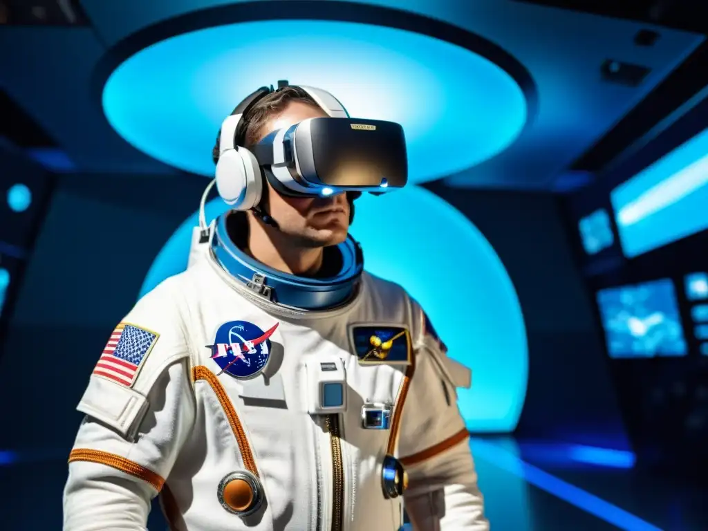 Entrenamiento de astronautas con realidad virtual: Un astronauta en un entorno espacial simulado, interactuando con tecnología futurista