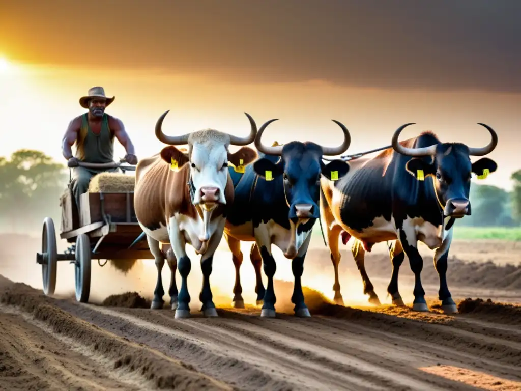 Un equipo de bueyes musculosos tirando de un arado de madera, con un granjero determinado guiándolos a través del campo al atardecer