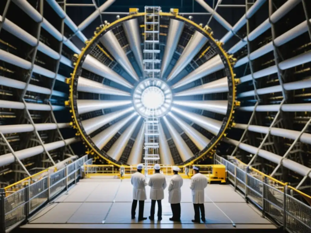 Un equipo de científicos y ingenieros discute frente a un colisionador de partículas