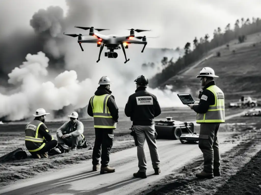 Equipo de emergencia utiliza dron para gestión de crisis Un equipo de emergencia utiliza un dron para vigilar una zona de desastre