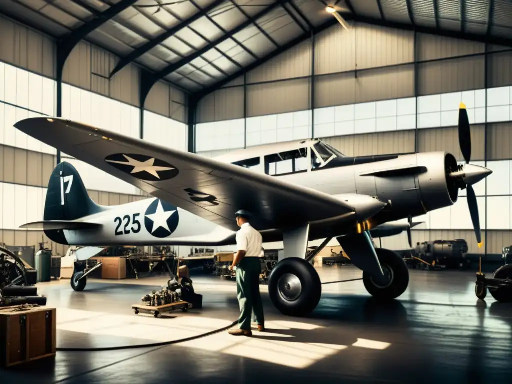 Un equipo de ingenieros y mecánicos trabaja en un avión clásico en un hangar, rodeados de herramientas y planos técnicos