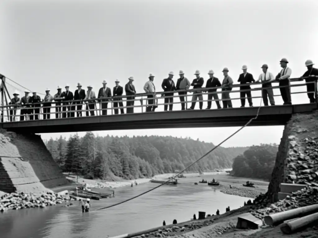 Un equipo de ingenieros y trabajadores construyendo un puente colgante, destacando la dedicación y habilidad en la ingeniería civil