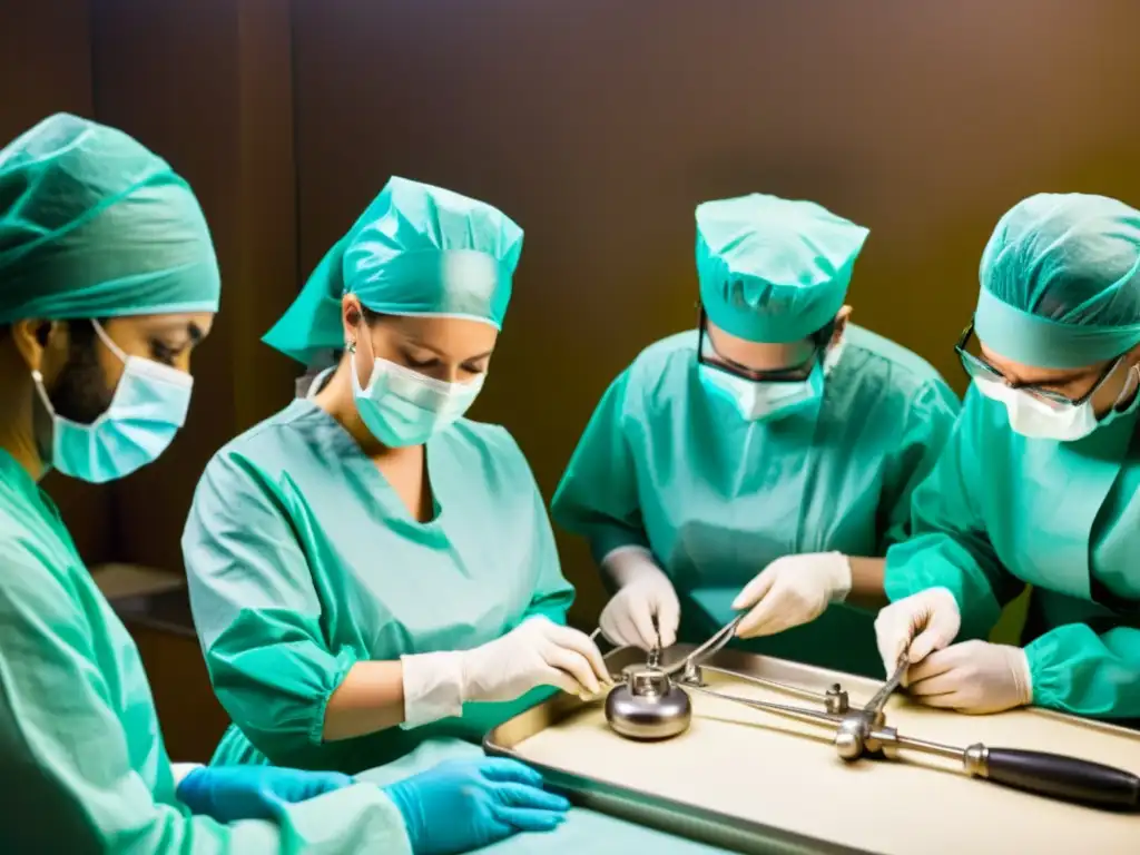 Equipo médico realizando una cirugía plástica en un teatro quirúrgico vintage, destacando la transformación estética