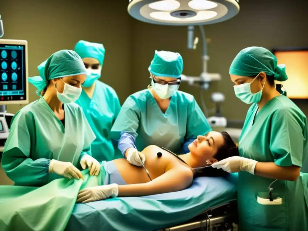 Equipo médico concentrado realizando una cirugía laparoscópica en una sala moderna, destacando los beneficios de la cirugía laparoscópica en la medicina actual